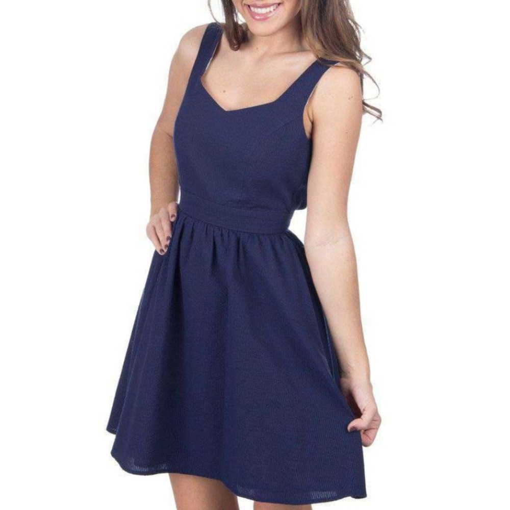 Lauren James Garrison Dress Navy Seersucker Size Medium